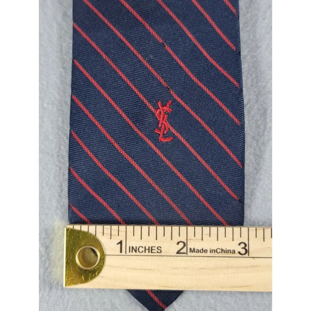 Vintage Yves Saint Laurent Navy Red Striped Tie YSL Logo